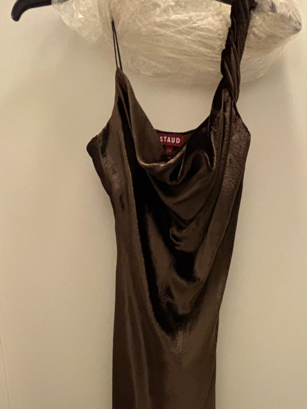 STAUD Dark Chocolate Cowl Neck Midi Dress 00